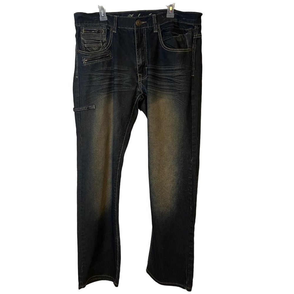 Knockout Jeans Mens 38 x 34 Straight Leg Moto Blue Zippers Faded Relaxed Denim 1